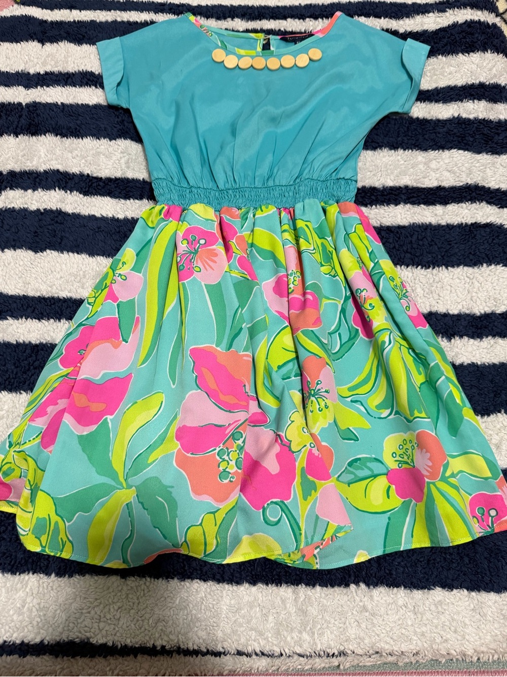 Girls' Tropical Floral Teal Dress 8Y